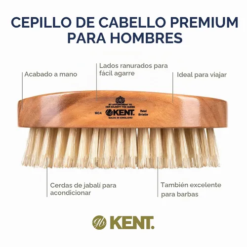 Vista 4 de Kent MC4 - Juego de cepillos para cabello y barba para hombre: cepillo exfoliante natural de cerdas de jabalí, base de madera de cerezo con cerdas