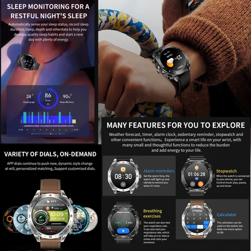 Vista 5 de Reloj inteligente T95 con auriculares para iPhone, Android, teléfonos inteligentes de 1.52 pulgadas, redondo, Bluetooth, llamadas, reloj Negro