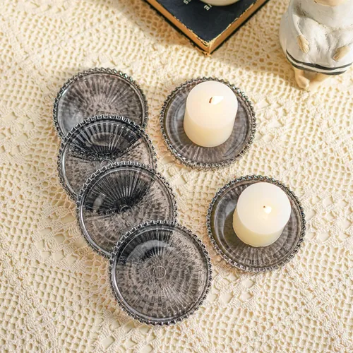 Vista 8 de Platos de vela de cristal, plato de vela de cristal negro, plato portavelas de cristal, pequeños posavasos redondos de vidrio para centro de mesa