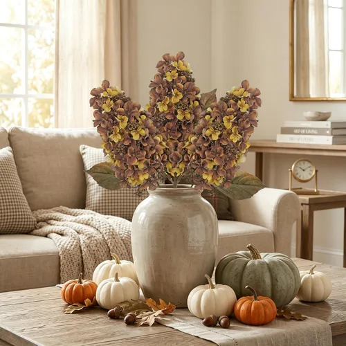 Vista 3 de Hollyone 3PCS Fall Brown Cone Hydrangeas Artificial Flowers Fake Fall Decor