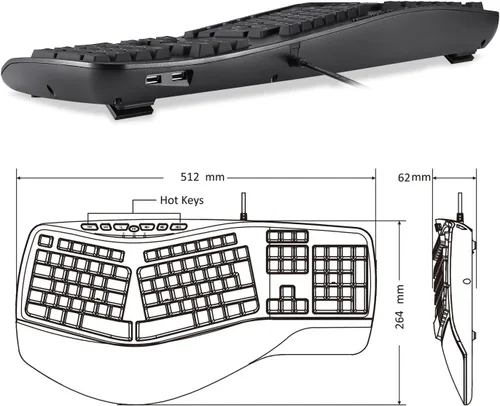 Vista 5 de Perixx PERIBOARD-312 Teclado ergonómico retroiluminado - USB con cable con 2 concentradores - Diseño dividido natural - LED blanco - Negro