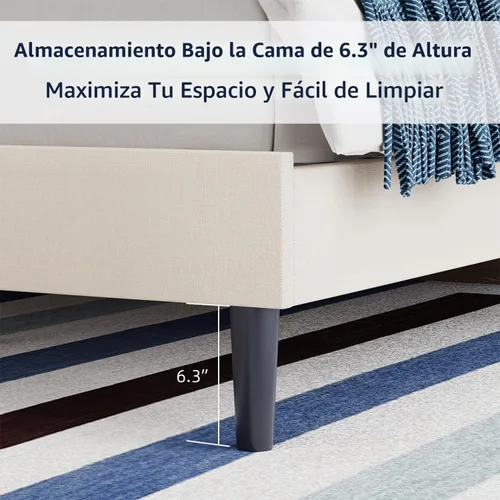 Vista 5 de BarnFurin Base de cama tamaño Queen, plataforma tapizada con cabecera capitoné con botones, marco de cama de tela con soporte de listones de madera