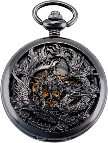 Vista 3 de ManChDa - Reloj de bolsillo mecánico antiguo para hombres Lucky Dragon & Phoenix Retro Skeleton Dial con cadena