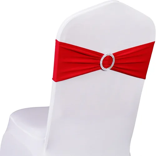 Vista 23 de Paquete de 50 bandas negras de elastano para sillas de boda, lazos con hebillas para fiestas, cumpleaños, fiestas, banquetes de jubilación