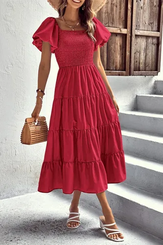 Vista 5 de PRETTYGARDEN Vestido midi casual de verano para mujer, manga corta, cuello cuadrado, fruncido, con volantes