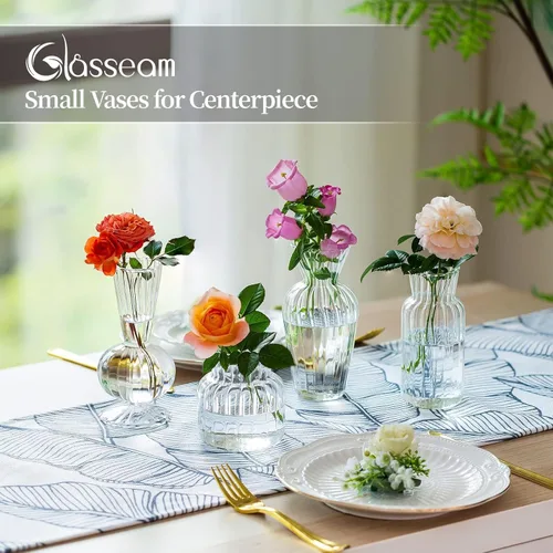 Vista 4 de Juego de jarrones de botones de vidrio transparente moderno: Glasseam 4 piezas de jarrones pequeños de flores para centros de mesa hechos a mano