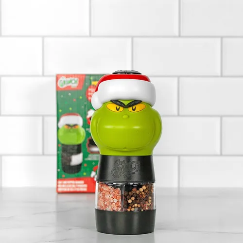 Vista 4 de Uncanny Brands Dr. Suess The Grinch - Molinillo de sal y pimienta - Molinillo eléctrico de doble cámara con grosor ajustable y luz LED - Funciona