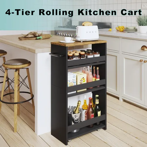 Vista 5 de MARTY Carrito de almacenamiento con ruedas de 4 niveles, carrito de cocina negro con ruedas