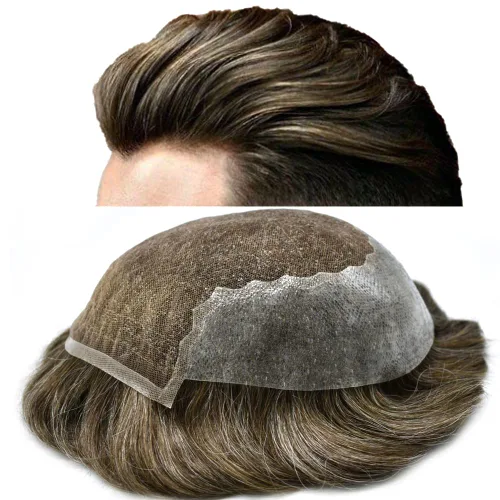 Vista 52 de Toupee para hombres, sistema de reemplazo de cabello humano Remy, nudos blanqueados, encaje frontal, piel fina, para hombre, color gris, pelucas