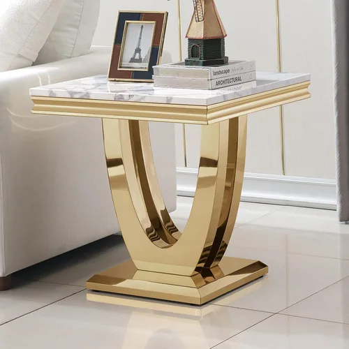 Vista 26 de Mesa de centro de mármol negro Henf de lujo, mesa auxiliar rectangular de mármol sintético de imitación con base de acero inoxidable dorado