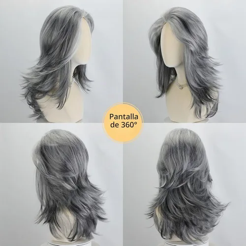 Vista 3 de Fencca Pelucas de color gris plateado para mujeres blancas, peluca ondulada en capas, peluca de sal y pimienta de longitud media con reflejos