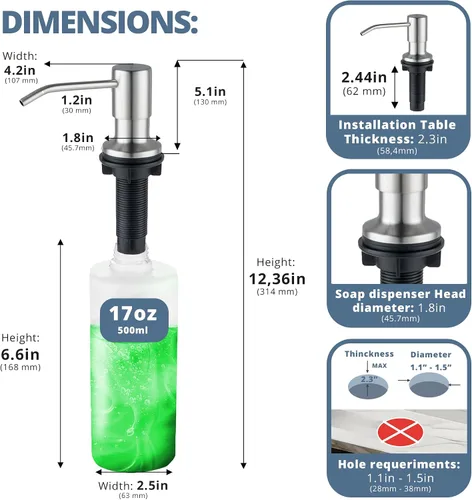 Vista 2 de SBEN Juego de dispensador de jabón de cocina empotrado (botella recargable grande de 17 oz incluida) - Dispensador de jabón de acero inoxidable