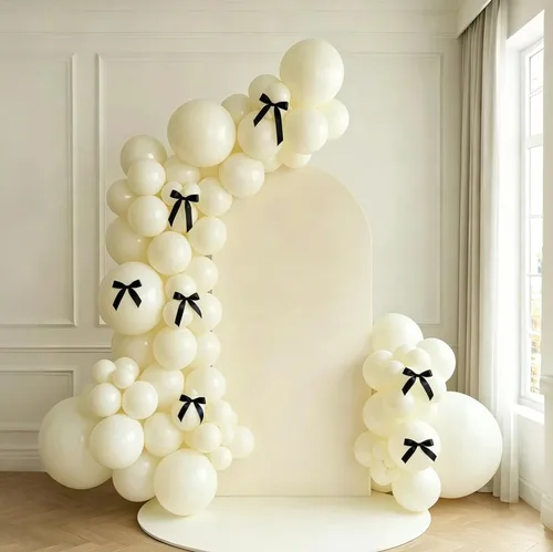 Vista 10 de Kit de arco de globos de 185 piezas negros y de arena de perlas doble relleno con lazos y perlas de imitación, globos negros y blancos