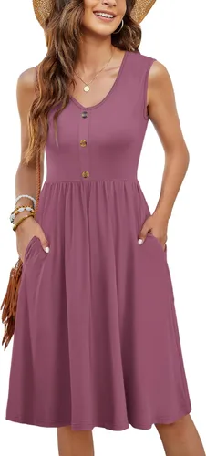 Vista 9 de MOLERANI - Vestidos de verano para mujer, sin mangas, casual, sueltos, acampanados, midi, con botones, con bolsillos Estampado Azul Marino Blanco