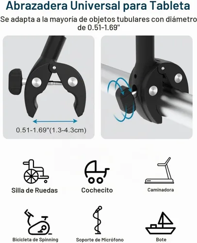 Vista 3 de Soporte para tablet para silla de ruedas, cochecito, bicicleta giratoria, cinta de correr, soporte de micrófono, barco/abrazadera de manillar
