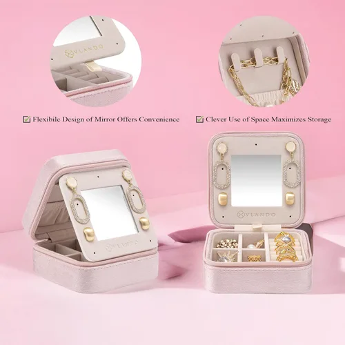 Vista 4 de Vlando - Joyero pequeño para viajes, estuche organizador de exhibición para guardar anillos, aretes y collares, terciopelo suave seleccionado, letra