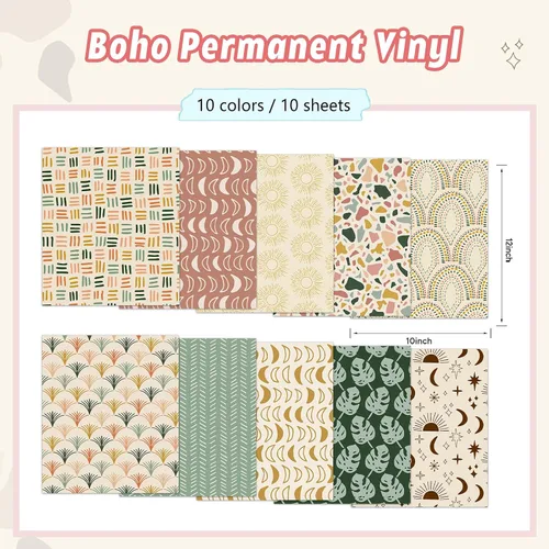 Vista 2 de Tintnut Vinilo Adhesivo Permanente Boho - 10 Hojas 12"x10" Patrón de Luna y Estrellas Vinilo Autoadhesivo Estrellas Boho Vinilo Permanente para DIY