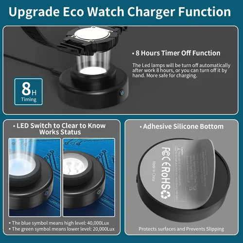 Vista 2 de Cargador de reloj solar, temporizador de apagado de 8H con hombres, mujeres y 3 tapas cuadradas, luz UV LED, carga rápida, relojes Eco Drive