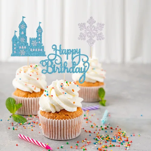 Vista 2 de Decoración de pastel de cumpleaños de castillo congelado, 3 piezas de decoración de pastel temático de invierno del país de las maravillas