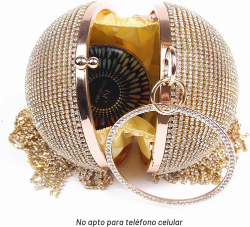 Vista 4 de Bolso de mano redondo de cristal para mujer, con borla, para fiesta de boda Oro