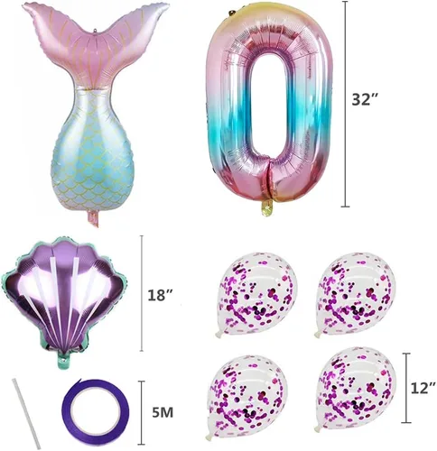 Vista 2 de 7 globos de sirena con números para fiesta de cumpleaños de 1, 2, 3, suministros de decoración de cola de sirena para niñas (número 0)