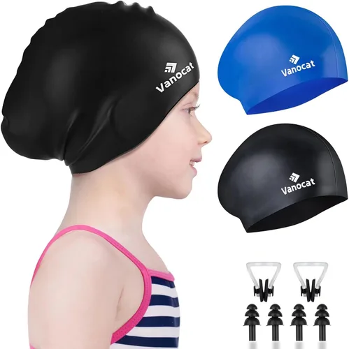 Vista 10 de 2 Pack Kids Swim Caps for Long/Short Hair, Unisex Silicone Swimming Cap for Age 3-15 Children Toddler Youth Teen, Waterproof Shower Cap Bathing Hats