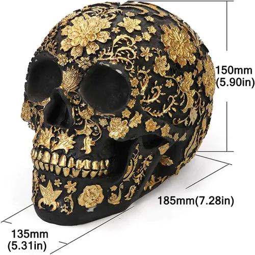 Vista 5 de CUZOKOLA - Decoración gótica de calavera dorada más grande para decoración del hogar, escultura de calavera falsa de Halloween, figura de esqueleto