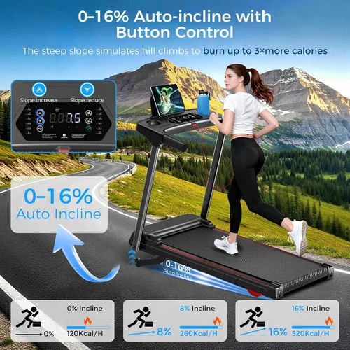 Vista 9 de Cinta de correr con 0-16% de inclinación automática, 0.6-7.5 MPH caminadora para el hogar, 3.0 HP de bajo ruido plegable con barra de mango y Negro