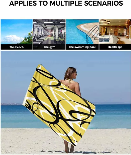 Vista 7 de Juego de toallas de baño de 3 piezas con diseño geométrico amarillo, línea blanca y negra, arte abstracto moderno, toalla suave y absorbente
