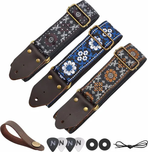 Vista 7 de Nefelibata Correa de guitarra, correas de guitarra de algodón bordado jacquard con extremos de cuero de caballo loco para bajo, eléctrico