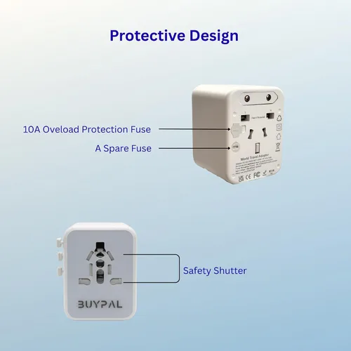 Vista 4 de Adaptador de viaje universal 5 en 1, adaptador de corriente internacional GaN de 20 W, 1 CA, 2 USB-C PD carga rápida y 2 USB-A QC, adaptador