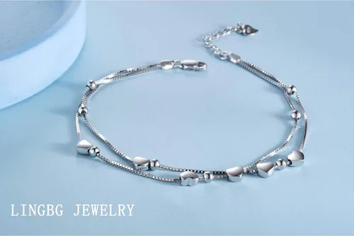 Vista 5 de LINGBG JEWELRY Pulseras en capas de plata de ley 925, pulseras de amor con corazón, pulseras de estrella para mujer, pulseras de doble hebra