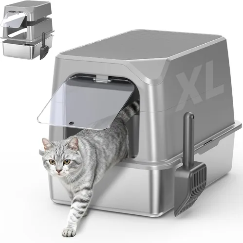 Vista 16 de WoofiGo Caja de arena cerrada de acero inoxidable para gatos con tapa, caja de arena extra grande XL para gatos grandes, bandeja de arena de metal
