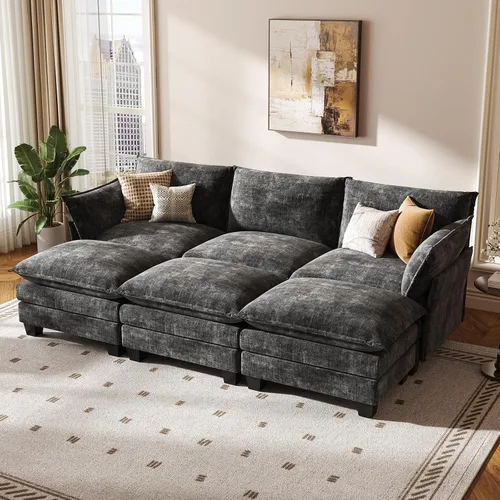 Vista 14 de KKL Sofá Cama Seccional Modular Grande de 91.3", Sofá Cama Convertible en Forma de J/L de 6 Plazas Sofá Nube con Otomana, Sofás Seccionales