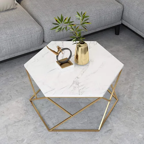 Vista 2 de Mesa Hexagon Coffee Table w/Marble Top + Metal Base Creative Modern Leisure Snack Side Table 60cm Small Accent Table for Living Room Bedroom
