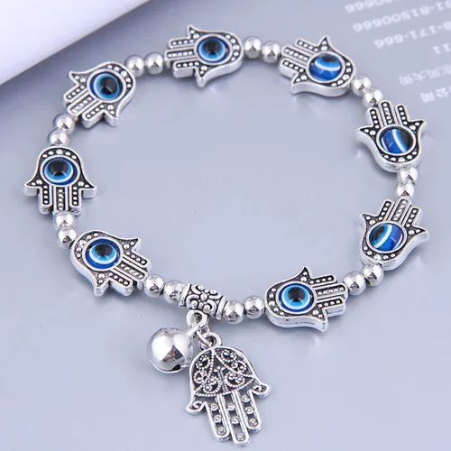 Vista 3 de Zeshimb Pulsera Hamsa de ojo turco con cuentas de cristal, pulsera de mano de Fátima elástica lateral con ojo azul Hamsa, pulsera turca de mal