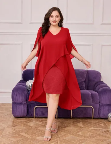 Vista 7 de Hanna Nikole Vestido de cóctel de gasa para mujer, talla grande, con volantes, manga 34, vestidos de fiesta de invitados de boda con dobladillo alto