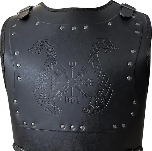 Vista 2 de HiiFeuer Viking Warrior - Armadura de pecho de piel sintética, armadura de cuero retro de caballero, armadura medieval para LARPCosplay