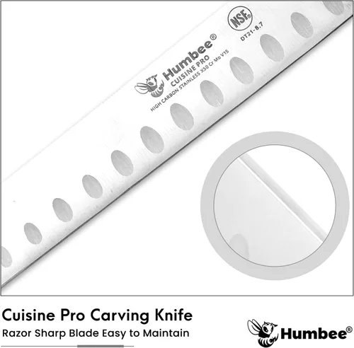 Vista 2 de Cuchillo de chef de 8 pulgadas con borde Granton para rebanar jamón y carne de pavo Certificado NSF Hoja de acero inoxidable alemán Mango