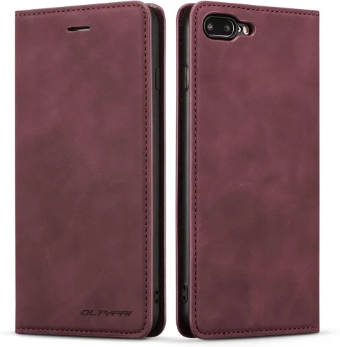 Vista 8 de QLTYPRI Funda para iPhone 6 Plus/6S Plus, cubierta de piel PU con tarjetero, funda tipo billetera con solapa magnética y a prueba de golpes - Vino