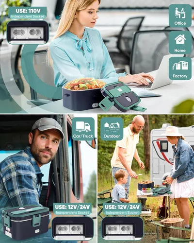 Vista 2 de Eocolz Fiambrera eléctrica calentador de alimentos 100 W, 1.8 L portátil calentado fiambrera para coche camión trabajo con contenedor de acero