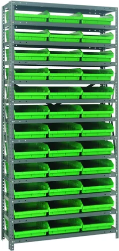 Vista 310 de Quantum QSBU-245BK Heavy Duty Shelving Unit with (7) Shelves and (24) QUS245 Black Bins for Garage Warehouse Storage Distribution 400 lb Load