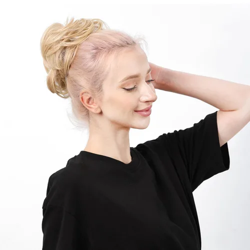 Vista 7 de Moño desordenado, moño sintético ondulado para coleta, extensiones de cabello rizado (rubio claro)