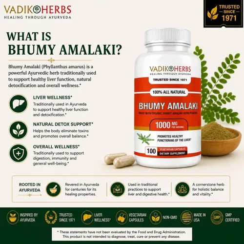 Vista 3 de Vadik Herbs Organic Bhumy Amalaki, 100 cápsulas, soporte hepático 1000 mg Organic Whole-Herb Phyllanthus amarus 1000mg Per Serving Traditional