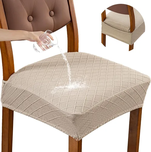 Vista 24 de Genina Juego de 2 fundas impermeables para sillas de comedor, fundas elásticas de jacquard extraíbles y lavables, sin fundas traseras, color beige