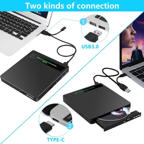 Vista 3 de Unidad Blu Ray externa: USB 3.0 Tipo-C Blueray/DVD Drive para PC Laptop Mac Windows Portátil Bluuray Burner Player con SD TF 2 puertos USB