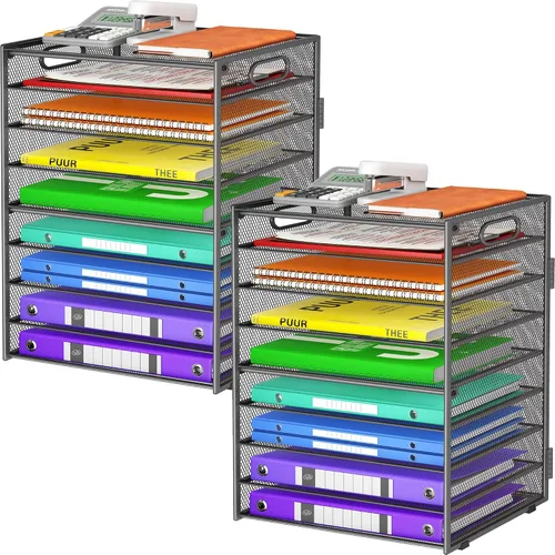 Vista 11 de Cawukege Organizador de papel de 9 niveles con asa, organizador de escritorio de gran capacidad, carpeta de archivos de malla, bandeja de papel