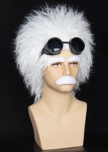 Vista 2 de Miss U Hair Mad Scientist - Juego de peluca y lentes de cejas con bigote, pelo blanco corto y rizado para disfraces de Halloween y cosplay