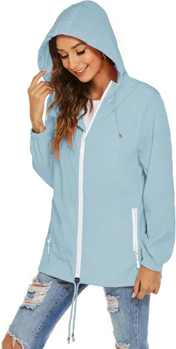 Vista 4 de Avoogue Chaqueta impermeable para mujer, ligera, transpirable, con capucha, rompevientos activos con bolsillo