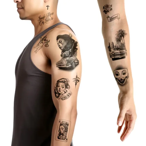 Vista 2 de Los Vatos Chicano Vol. II - Cholo y Chola Tatuajes Temporales Para Hombres Mujeres, Payasa, Lowrider, Virgen María, Oración, Cruz, Chicana